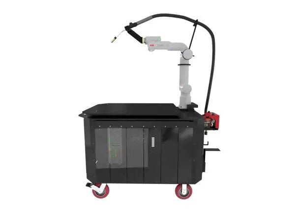 Lincoln Cooper GoFa-5 Air-Cooled Welding Cobot Cart AD2501-1 with cobot arm, flexible hose, storage and red caster wheels.