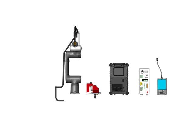 Lincoln Cooper GoFa-5 Air-Cooled Welding Cobot Package AD2501-3 with robot arm, control box, sensor & accessories on white background.