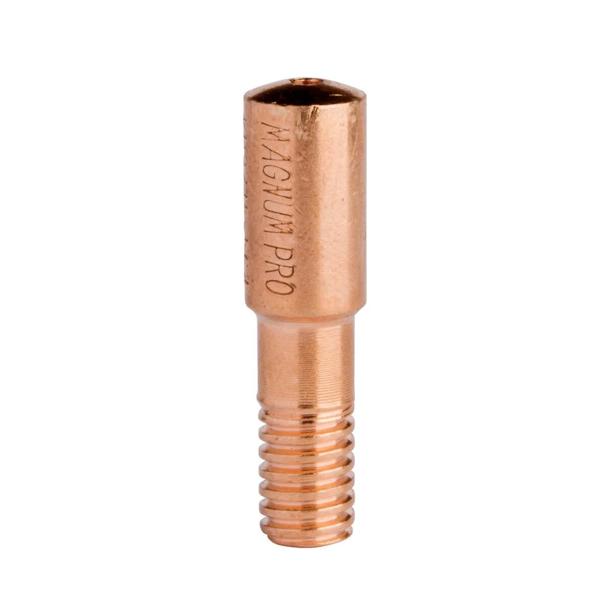 A Copper Plus contact tip with a cylindrical body, threaded lower section, and the words MAGNUM PRO engraved on the upper part, shown against a white background.