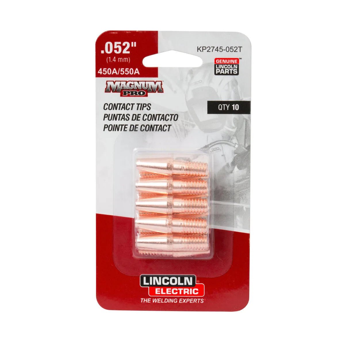 A 10-pack of Lincoln Copper Plus Contact Tip 550A, Tapered, .052 in (1.3 mm), model KP2745-052T, comes in red and white blister packaging with the Lincoln Electric logo and product info in English, Spanish, and French.