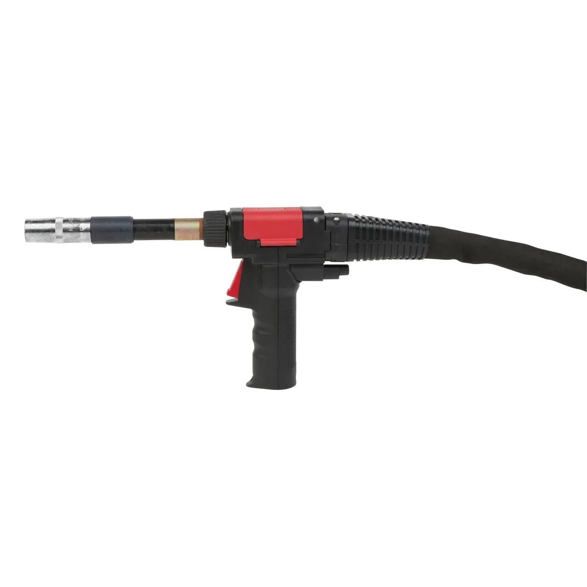 A handheld push-pull welding gun with a black body, red trigger, and flexible black cable attached at the back. The metallic nozzle at the front ensures smooth wire feed and precise welding.