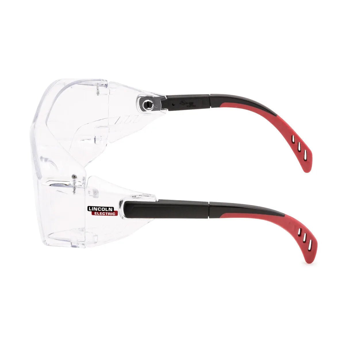 Lincoln Cover2 Welding Safety Glasses K2968-1 with clear wraparound lenses, ANSI Z87+, black-red arms, Lincoln Electric logo.