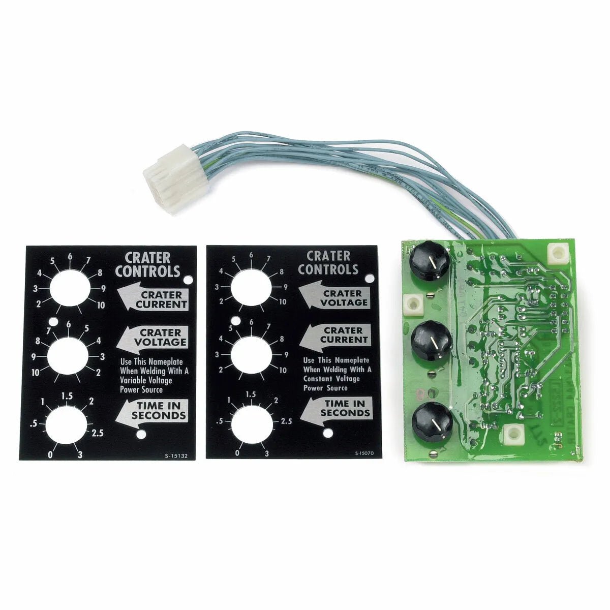 Lincoln Welding Crater Controls P.C. Board for NA-3S, NA-4 K245 with knobs, wires, and two control panels for current, voltage, timing.