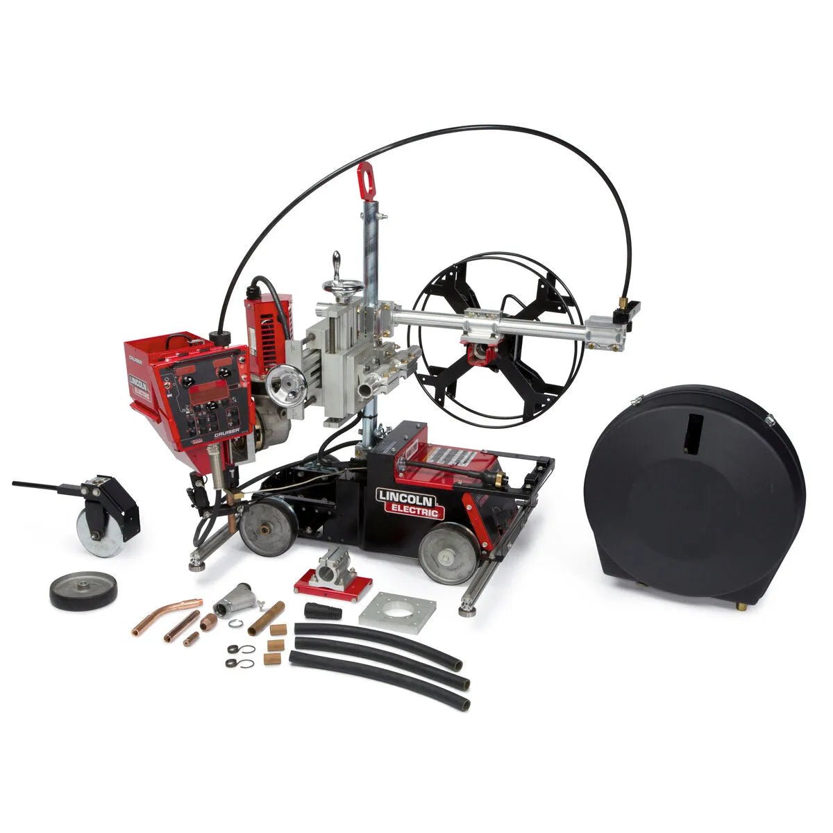 Automated welding machine setup featuring a red Lincoln Cruiser Submerged Arc Welding Tractor K3048-2, wire feeder, cables, hose, welding wire spool, control box, and accessories neatly arranged on a white background.