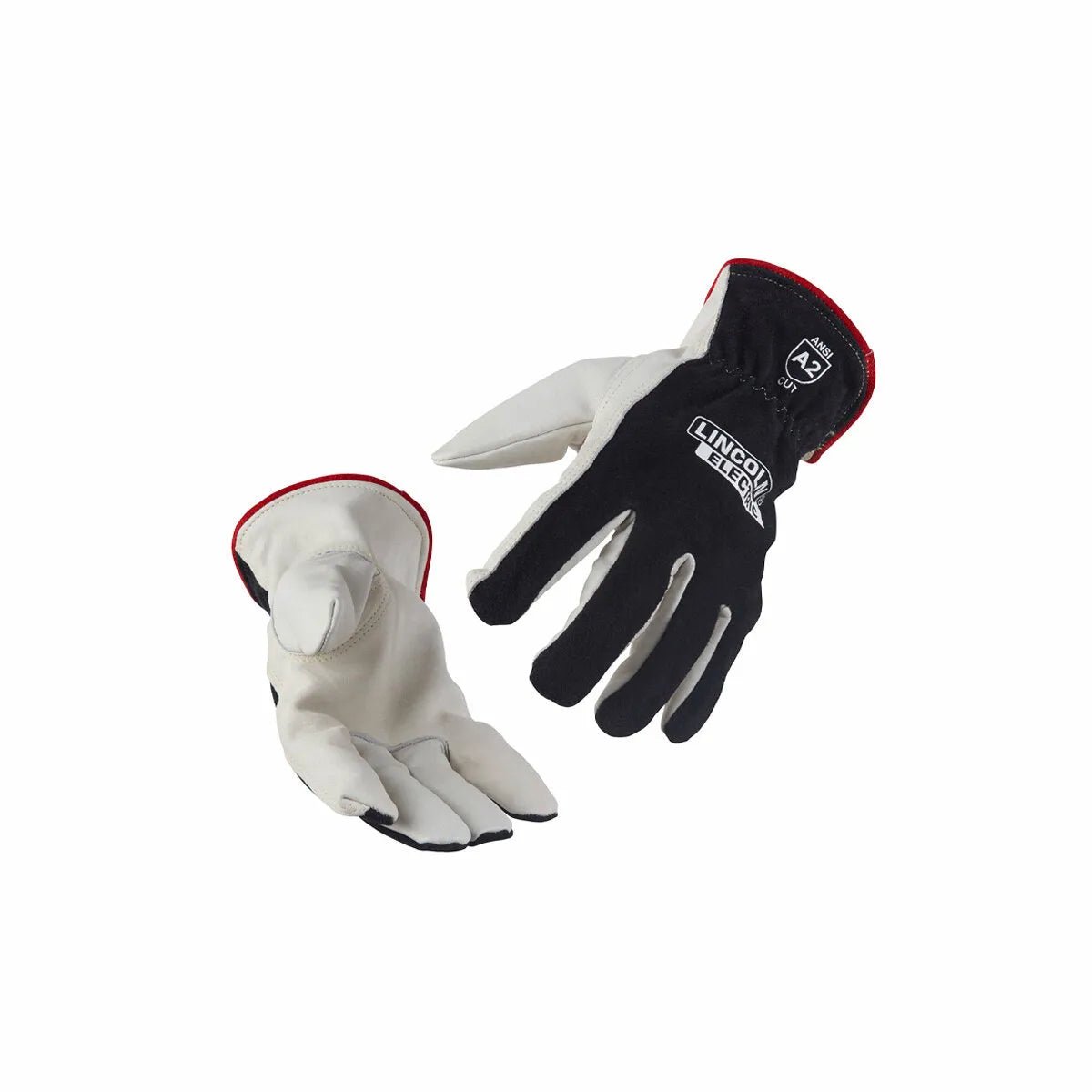 The Lincoln Cut Resistant A2 Leather Drivers Gloves Large K3771-L feature white leather palms, black fabric backs, red-trimmed cuffs with the Lincoln Electric logo, reinforced fingers, ergonomic design, and a durable Kevlar liner for protection.