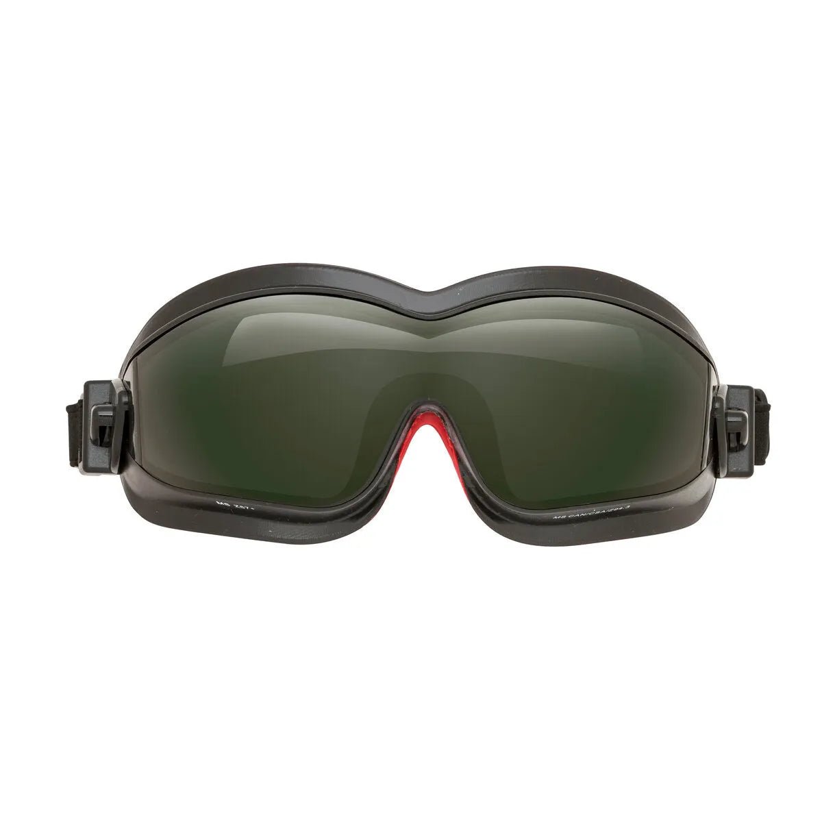 Lincoln K3118-2 Shade 3 welding goggles, black frame, dark lenses, adjustable straps, ANSI Z87.1, on white background.