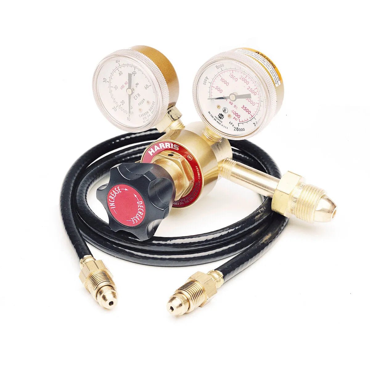 Lincoln Deluxe Adjustable Gas Regulator & Hose Kit K586-1 for CO2/Argon welding, dual gauges, brass fittings, black hoses.