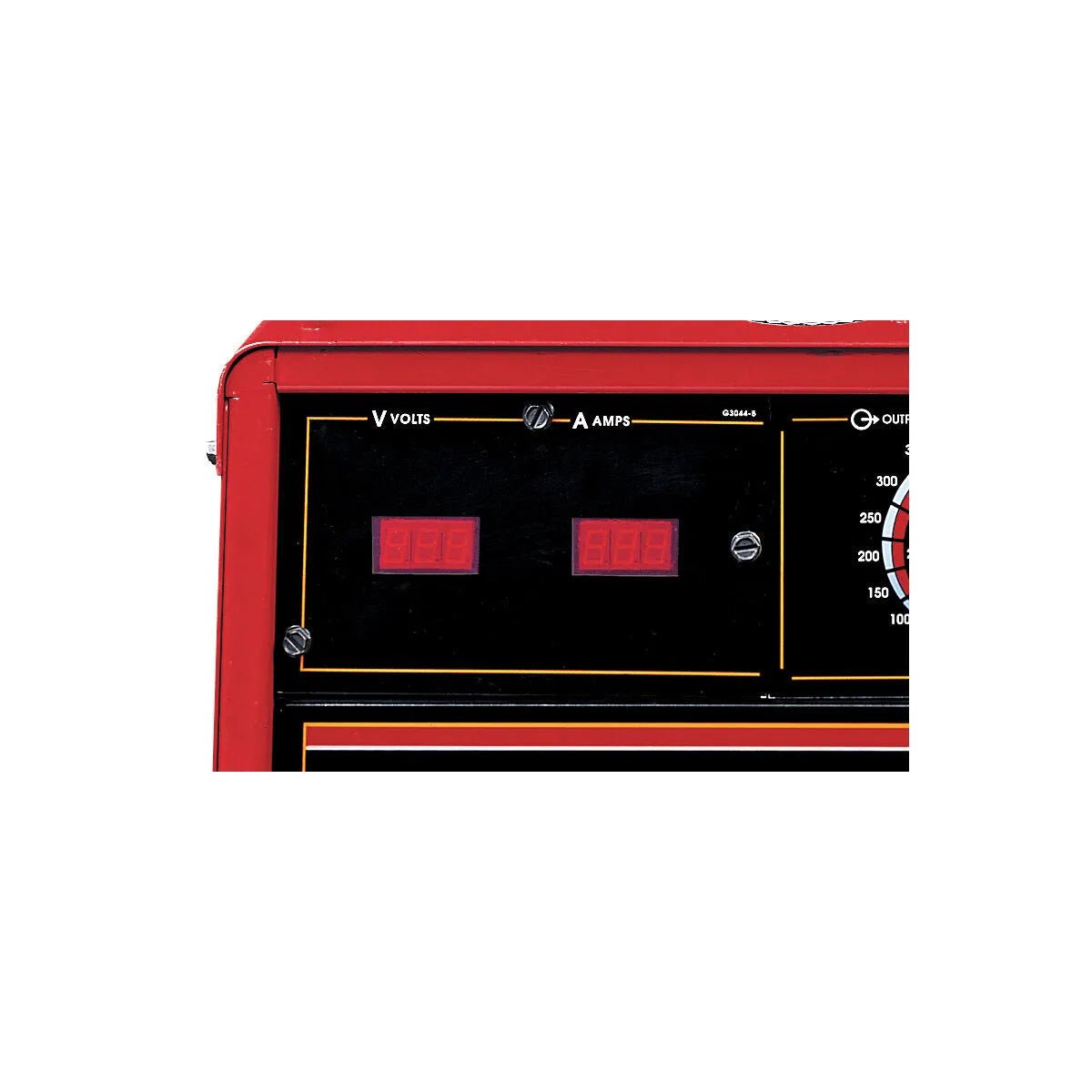 Close-up of a Lincoln Digital Meter Kit K1482-1 control panel with two red digital displays labeled VOLTS and AMPS, featuring yellow and white markings. Only the upper left corner of the machine is shown.