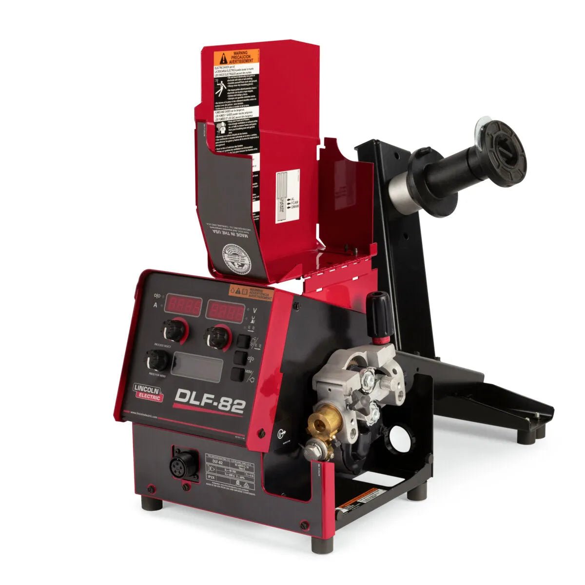 A Lincoln DLF-82 Bench Model Wire Reel Stand Welding Gun K5282-3 in red and black sits angled right, featuring digital displays, control knobs, a control panel, partially open wire spool holder with visible gears, spindle, and safety labels.