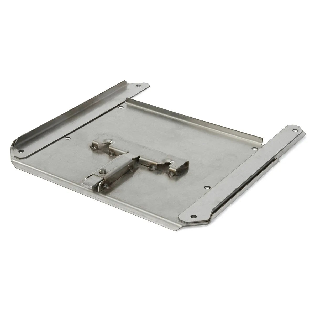 A flat, rectangular metal plate with raised edges on two sides and a hinged latch mechanism in the center, designed as a securing bracket, possibly for use with an engine-driven welder or Lincoln docking kit in industrial applications.