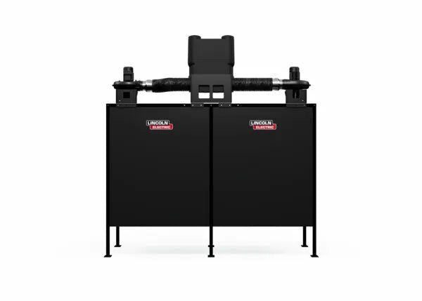 The Lincoln Double Weld Booth Fume Extraction One-Pak 5x5 ft. K5563-2 is a large black industrial machine with two “Lincoln Electric” panels, two horizontal fan-topped pipes, a central vertical unit, and four legs against a plain white background.