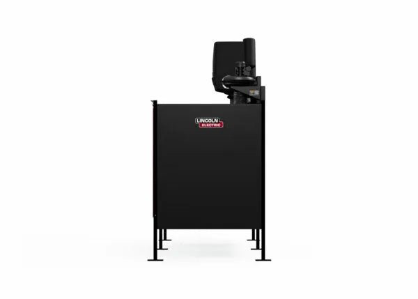 The Lincoln Double Weld Booth Fume Extraction One-Pak 5x5 ft. (K5563-2) is shown from the side, featuring a black industrial design with the red Lincoln Electric logo, standing on four metal legs against a plain white background.