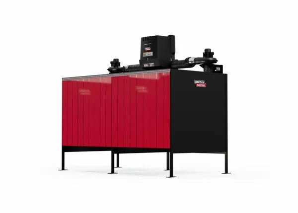 The Lincoln Double Weld Booth Fume Extraction One-Pak 6x6 ft. (K5563-4) is a large industrial machine with a red and black exterior, metal legs, and prominent branding, designed for fume extraction in welding booths.