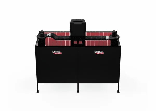 The Lincoln Double Weld Booth Fume Extraction One-Pak 6x6 ft. (K5563-4) features a black frame with red panels, ventilation on both sides, a central overhead unit, Lincoln Electric logos, white background accents, and stands firmly on four legs.