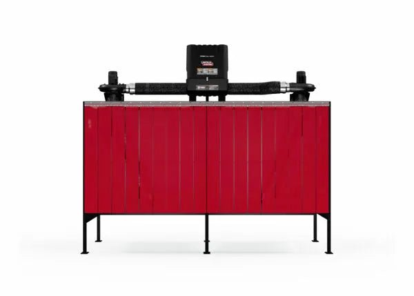 A Lincoln Double Weld Booth Fume Extraction One-Pak 6x6 ft. K5563-4 stands on four black legs with vertical red panels, featuring a Prism Wall Mount Fume Extraction unit on top and horizontal pipes or rollers on both sides against a plain white background.