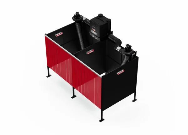The Lincoln Double Weld Booth Fume Extraction One-Pak 6x6 ft. (K5563-4) features red/black panels, a Prism Wall Mount Fume Extraction unit with control panel, two flexible arms, four metal legs, and an open top for effective weld fume removal.