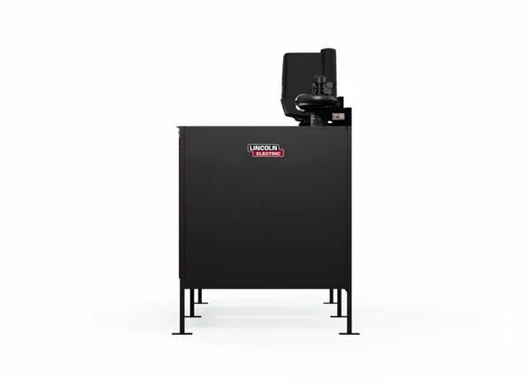 The Lincoln Double Weld Booth Fume Extraction One-Pak 6x6 ft. K5563-4 is a black, boxy industrial machine on four legs with a top control unit and handle, featuring visible wiring and the red-and-white Lincoln Electric logo on the front.