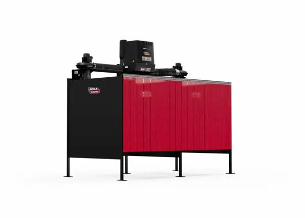The Lincoln Double Weld Booth Fume Extraction One-Pak 6x6 ft. (K5563-4) is a large industrial fume extractor with a black top, red side panels, four legs, visible control panels and pipes on top, and stands on an empty white floor.