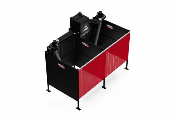The Lincoln Double Weld Booth Fume Extraction One-Pak 6x6 ft. (K5563-4) features black and red metal panels, two workstations, flexible exhaust arms, and a top-mounted central filtration unit; shown on a plain white floor and background.