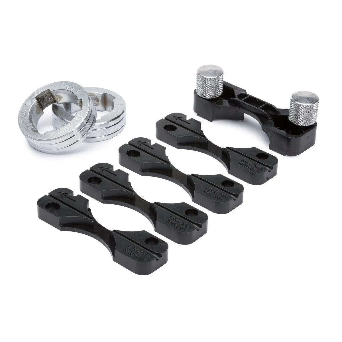 A set of metal and black plastic automotive camshaft alignment tools, including rings with notches and several bracket pieces—similar in precision to a Lincoln Drive Roll Kit—displayed on a white background.