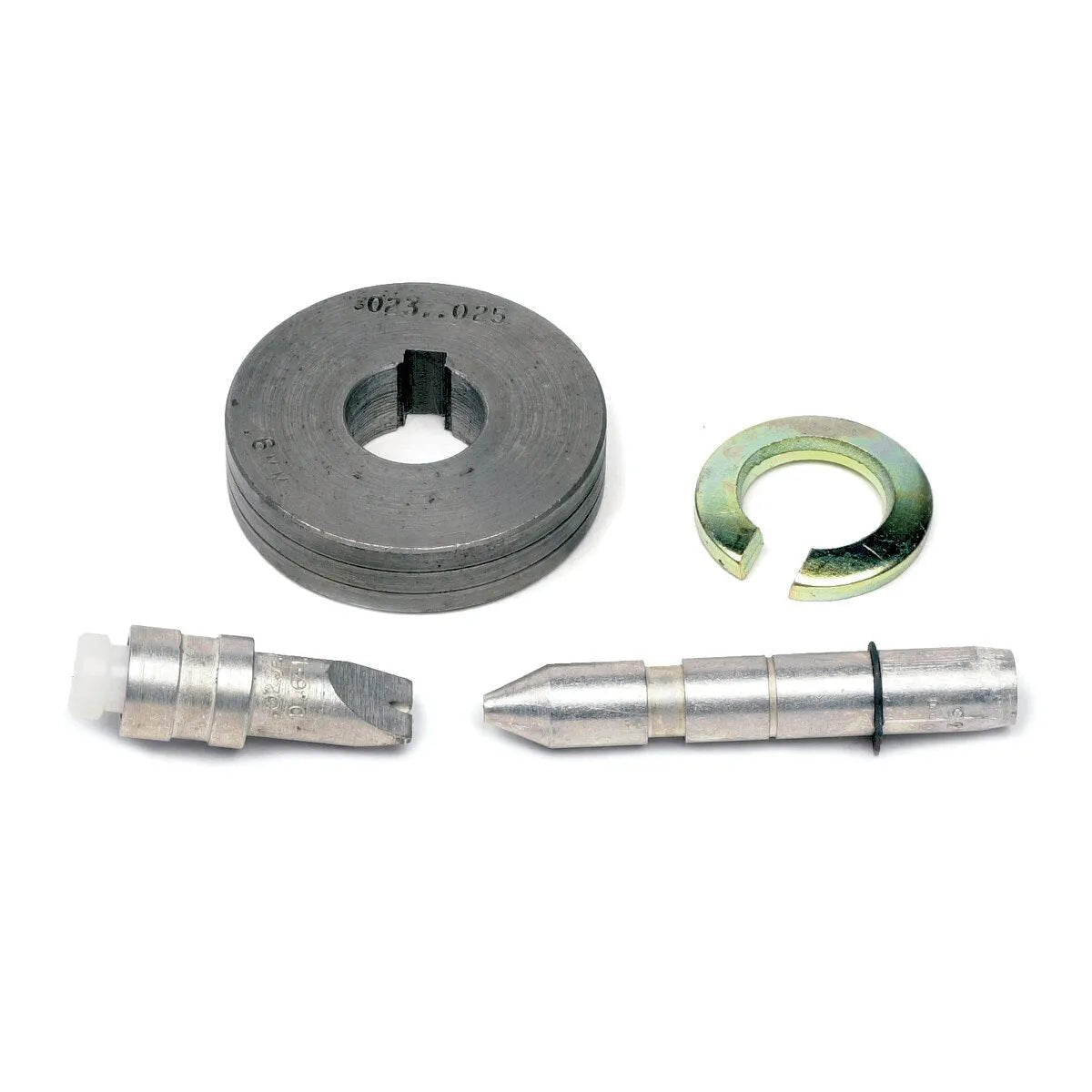 Four metal components from the Lincoln Drive Roll Kit .045-.052 in (1.1-1.3 mm) Solid Wire KP653-052S are displayed on a white background: a slotted disc, curved washer, cylindrical fitting with plastic tip, and pointed pin with black O-ring.