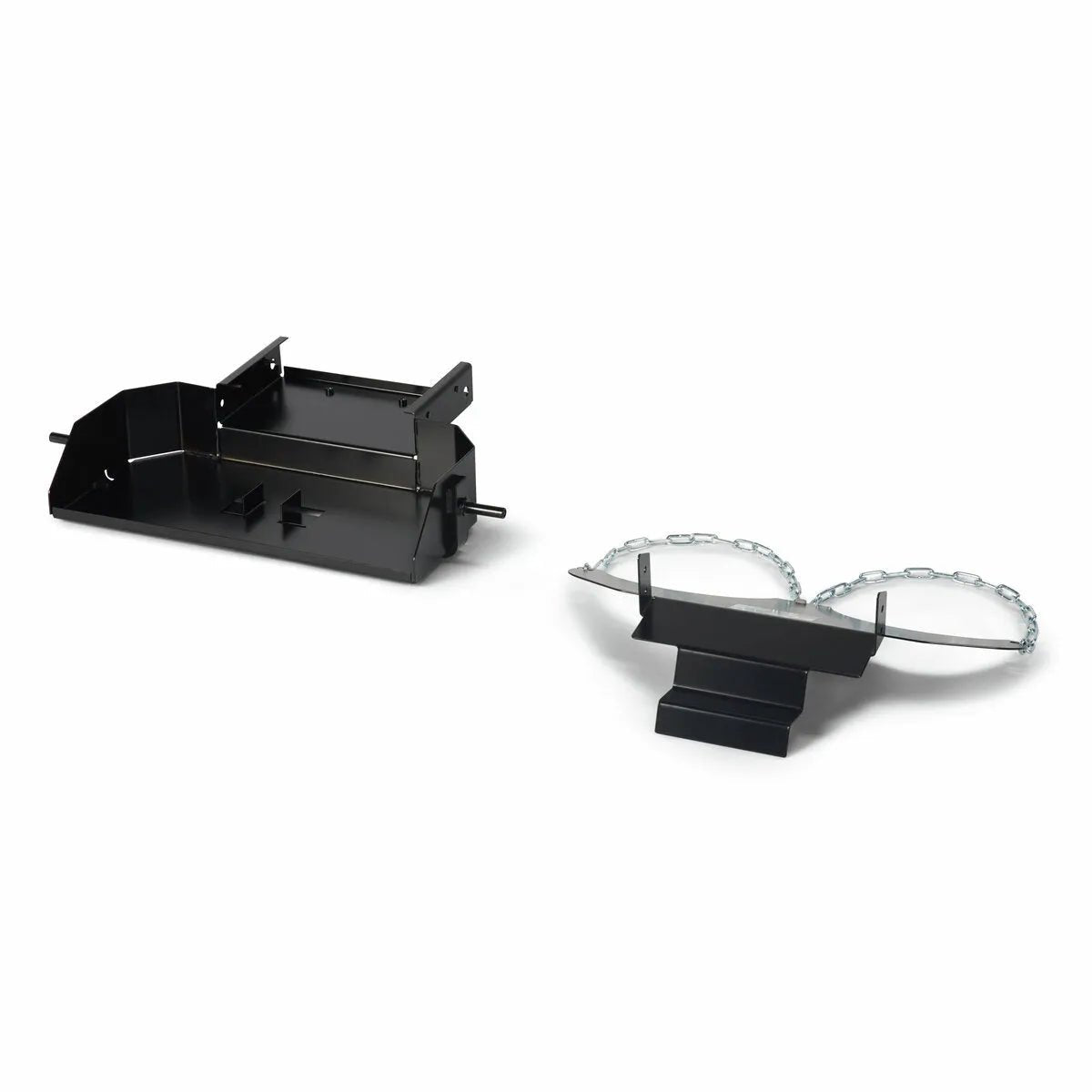 Two black metal objects on a white background: components for securing gas cylinders on the Lincoln Dual Cylinder Cart K3676-1—a rectangular bracket with angled sides and rod, and a smaller V-shaped holder with two circular chains.