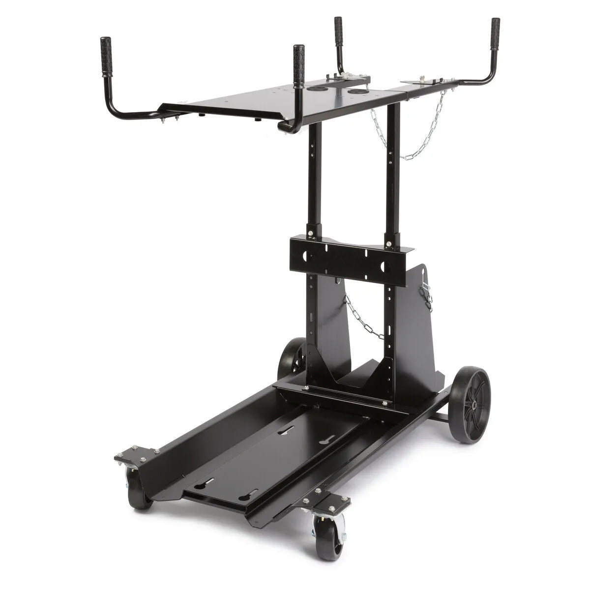 The Lincoln Dual Cylinder Inverter & Wire Feeder Cart K3059-5 is a black metal engine stand with front swivel casters, large rear wheels, vertical supports, adjustable mounting arms, and chains—ideal for inverter or wire feeder setups.