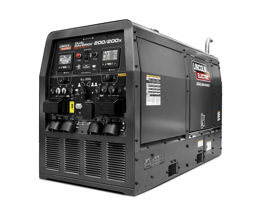 The Lincoln DUAL MAVERICK 200/200X READY PAK 1 - K4382-2-RP1, a large black engine-driven welder with dual output, is shown on a white background. It features multiple control panels and the Lincoln Electric logo on the side.
