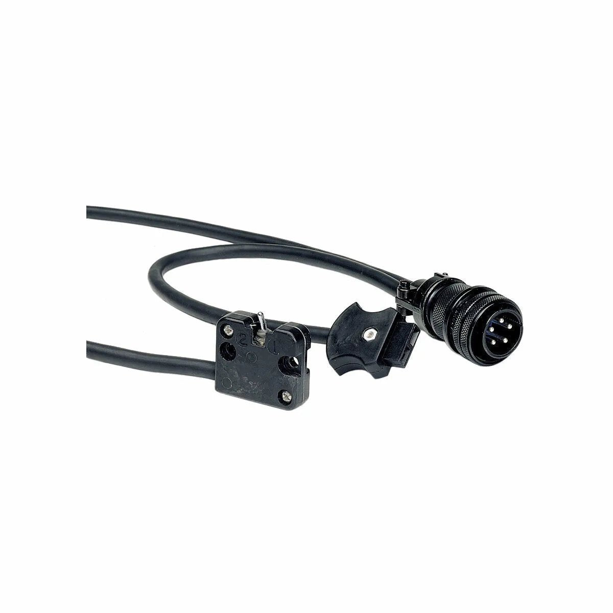 A black Lincoln Dual Procedure Switch 15 ft K683-3 cable with a rectangular switch, mounting holes at each corner, and a round three-pin male connector, partially coiled and shown on a white background.