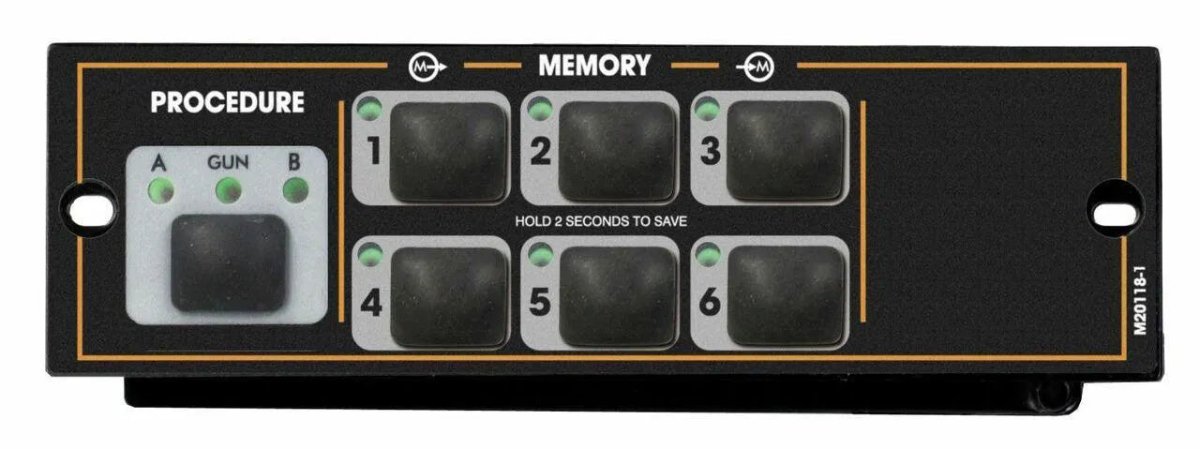 The Lincoln DUAL PROCEDURE/MEMORY PANEL K2360-1 is a black rectangular memory panel labeled PROCEDURE and MEMORY, with dual procedure buttons A and B under “GUN,” six large numbered buttons (1–6) under “MEMORY,” and “HOLD 2 SECONDS TO SAVE” below.