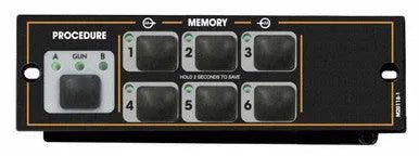 The Lincoln DUAL PROCEDURE/MEMORY PANEL K2360-1 is a black panel labeled PROCEDURE and MEMORY with A/B gain toggle buttons, indicator lights, a large left button, and six memory buttons for weld procedures in two rows of three on the right.
