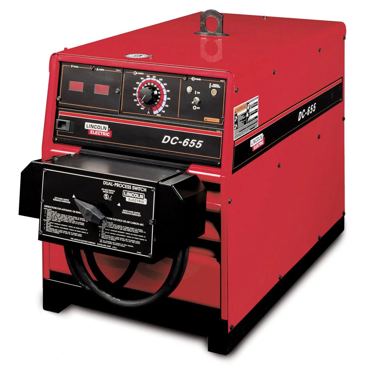 The Lincoln Dual Process Switch K1528-1 is a red industrial welder with a control panel featuring dials, switches, and labels. It includes arc gouging, a dual-process switch, black accents, and a large handle for heavy-duty welding jobs.