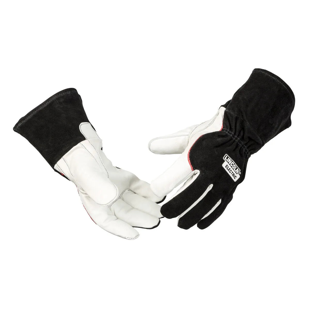 The Lincoln DynaMIG HD Professional MIG Welding Gloves XL (K3806-XL) feature black suede backs and cuffs, white leather palms and fingers, reinforced stitching, and “Lincoln Electric” branding; one glove is palm up, one palm down.