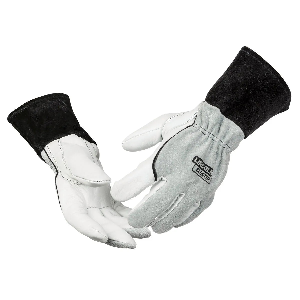The Lincoln DynaMIG Traditional MIG Welding Gloves Medium K3805-M feature heat-resistant design, black cuffs, light gray leather palms and fingers, and the Lincoln Electric logo on the right glove. Thick and durable, they’re perfect for heavy-duty welding tasks.