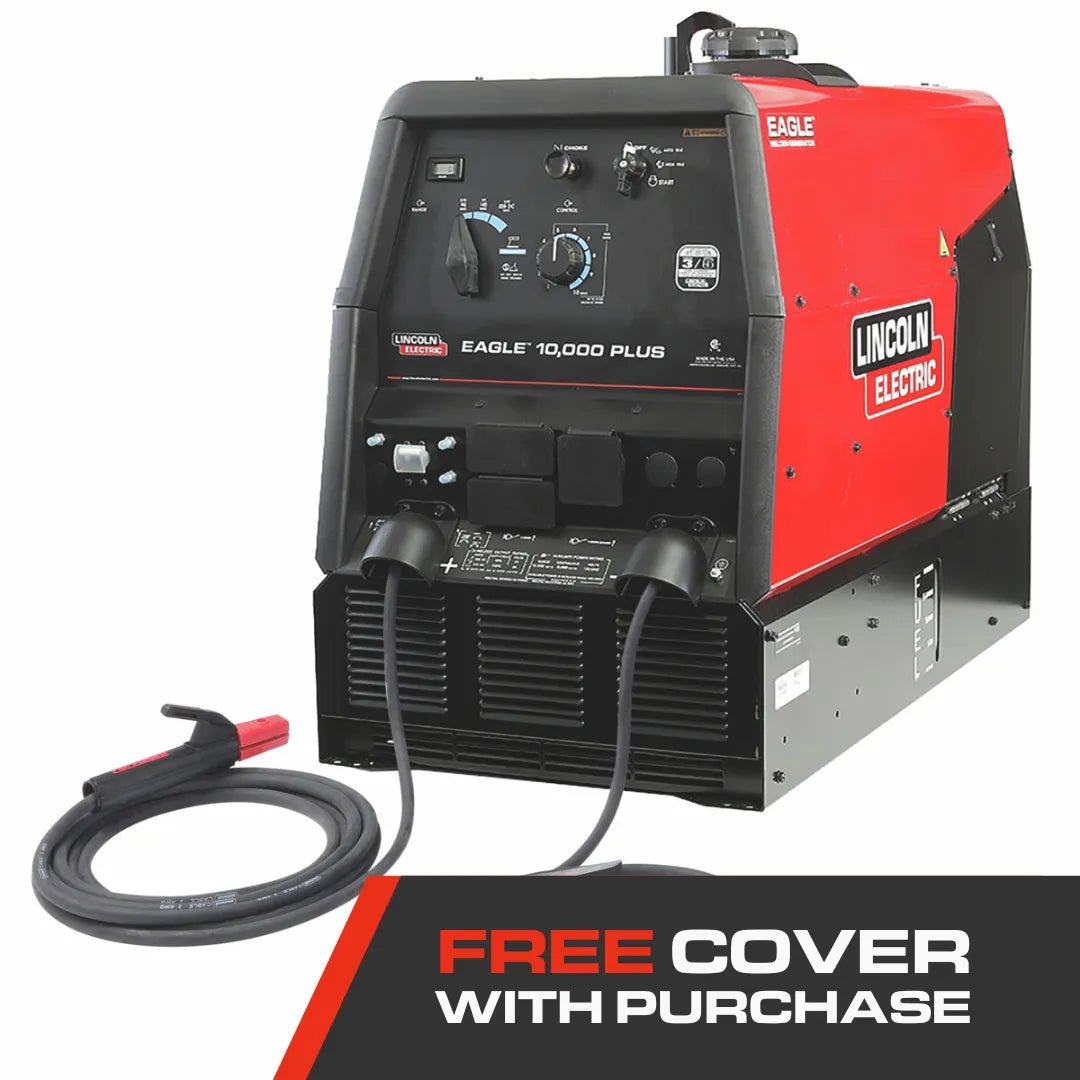 A Lincoln Eagle 10,000 Plus Engine Driven Welder - K2343-4, mainly black with a red top, is shown with cables and a coiled red welding torch. A “FREE COVER WITH PURCHASE” offer appears on a bold black and red banner at the bottom.