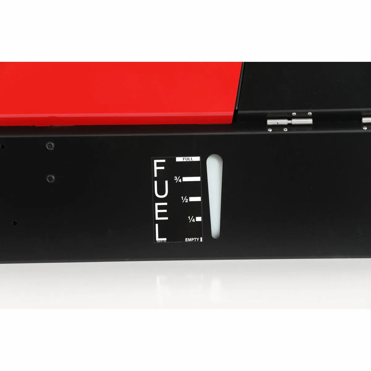 Close-up of a fuel gauge on a Lincoln Eagle 10,000 Plus Engine Driven Welder - K2343-4. The vertical window shows the tank is nearly full. The black panel reads FUEL with red at the top, and markings for empty, 1/2, 3/4, and full.