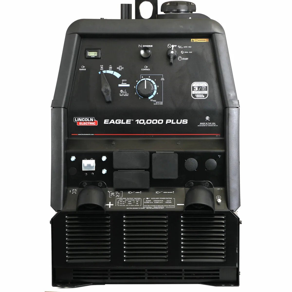 Front view of a Lincoln Eagle 10,000 Plus Engine Driven Welder - K2343-4. The black rectangular panel displays gauges, switches, dials, two power outlets, and labeled controls with the product name in white and red text.