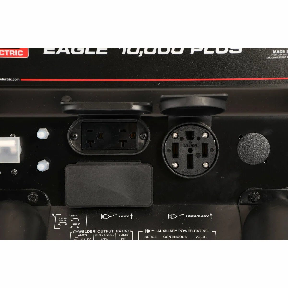 Close-up of the Lincoln Eagle 10,000 Plus Engine Driven Welder (K2343-4) panel showing a rectangular 120V/240V outlet, a circular 120V/240V twist-lock outlet, a covered port, and white label diagrams below the outlets.