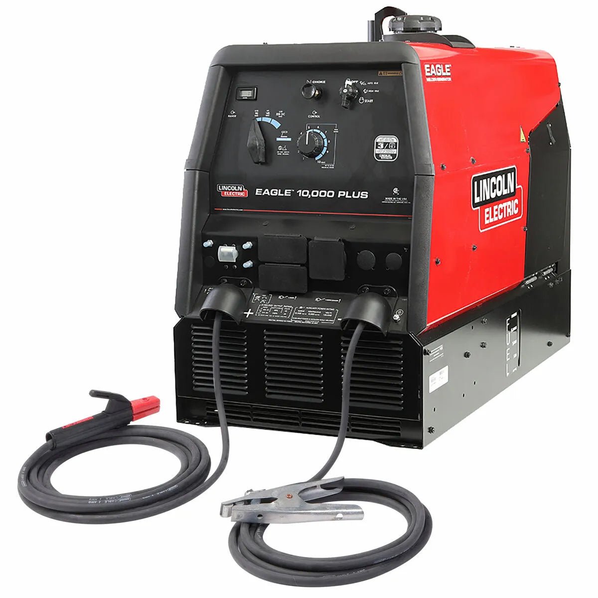 A Lincoln Eagle 10,000 Plus Engine Driven Welder (K2343-4) in red and black features multiple front panel knobs and switches, with two thick black cables—one ending in an electrode holder, the other in a grounding clamp.