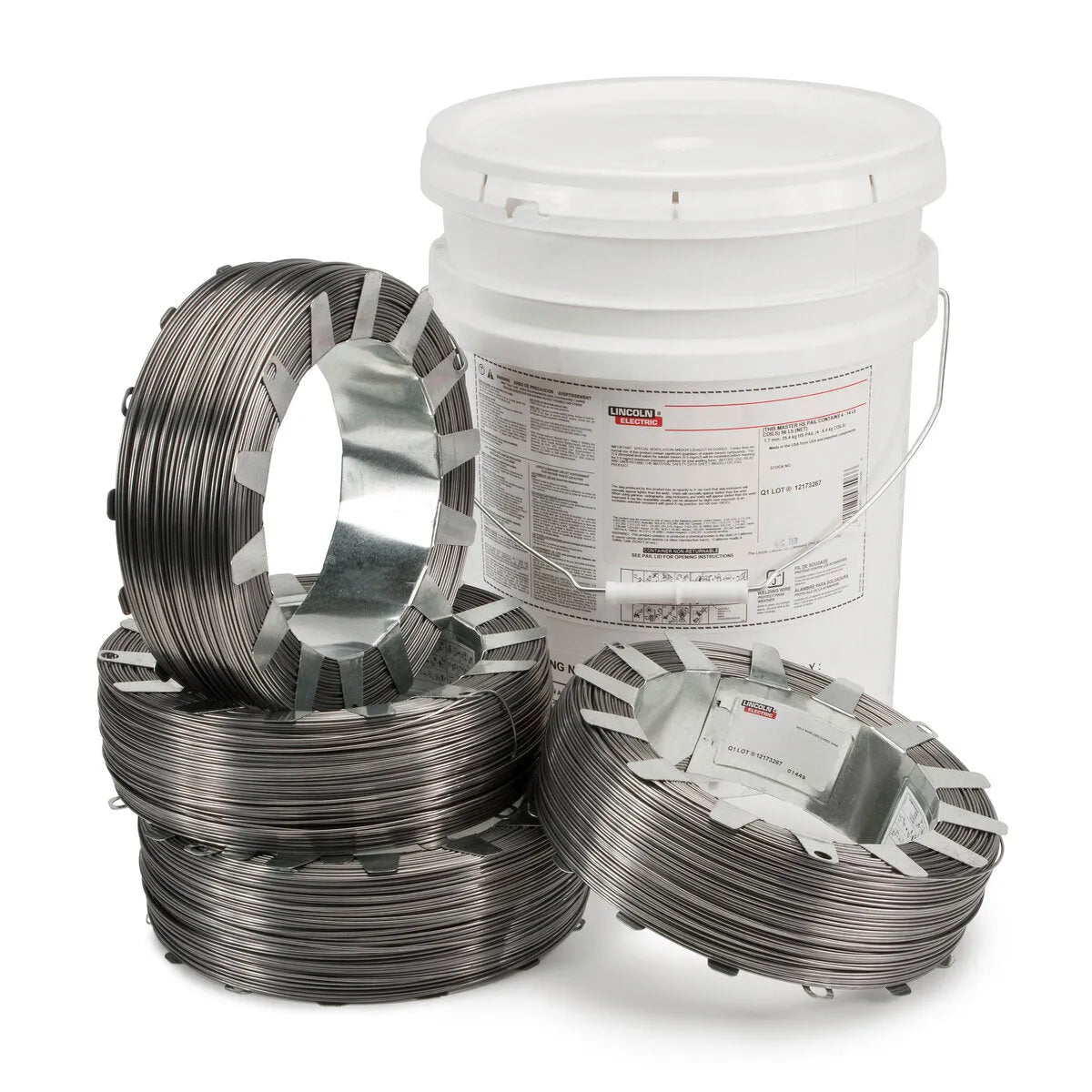 A white plastic bucket sits behind five dark metal coils of Lincoln ED011277 Lincore 55 Flux-Cored FCAW-S Welding Wire, 5/64 in, 4 x 14 lb coils. The highly wear resistant wire is arranged closely on a white background.