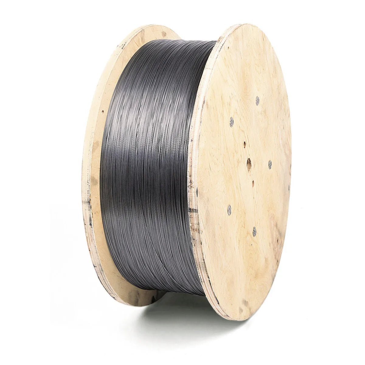 A large wooden spool is tightly wound with Lincoln ED012163 Innershield NR-131 flux-cored FCAW-S welding wire, 3/32 in, 600 lb speed feed reel, its flat wooden sides showing visible grain and screw holes as the dark gray wire is neatly coiled.