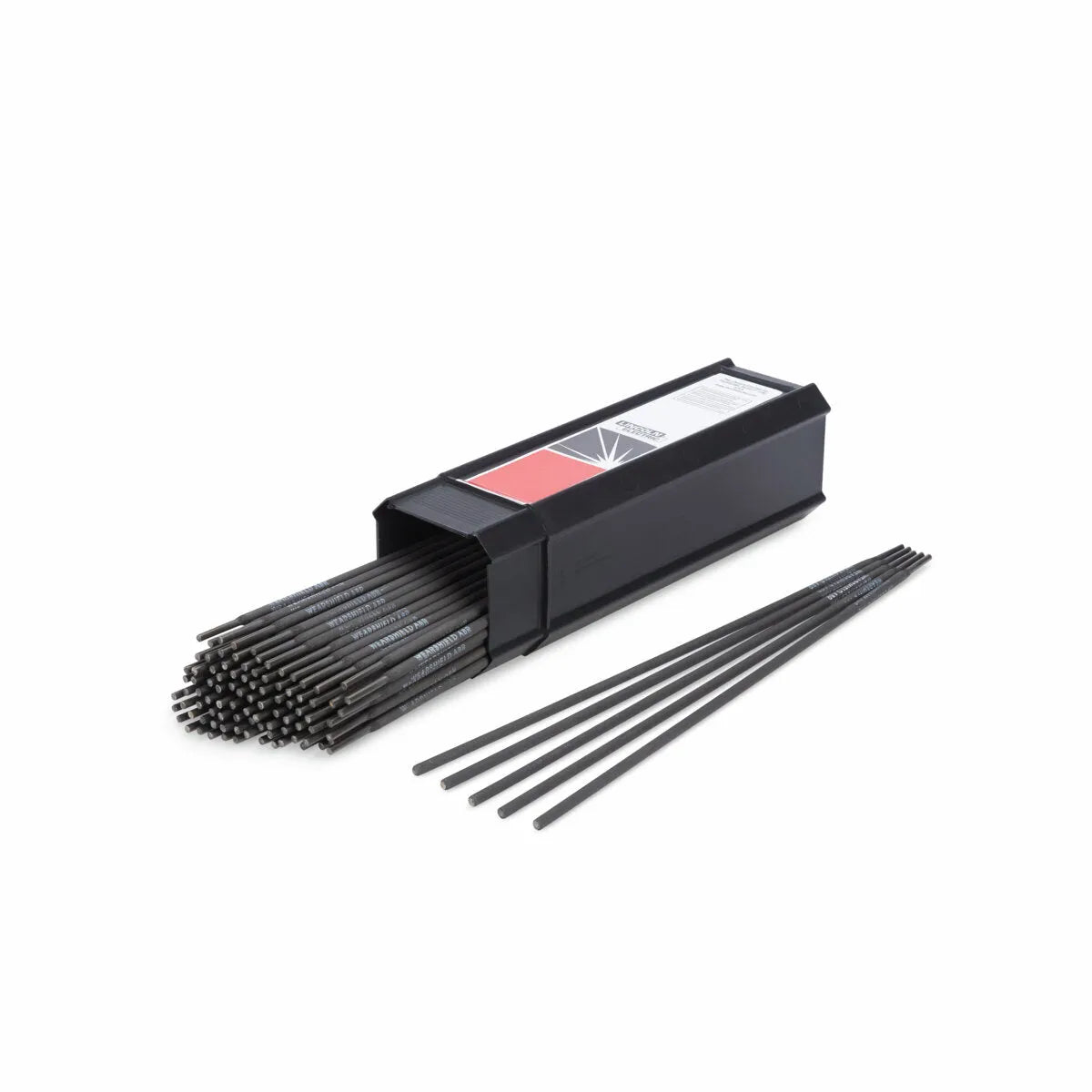 Lincoln ED021996 Wearshield SMAW welding rods, 1/8" x 14", abrasion-resistant, in labeled black tube on white background.