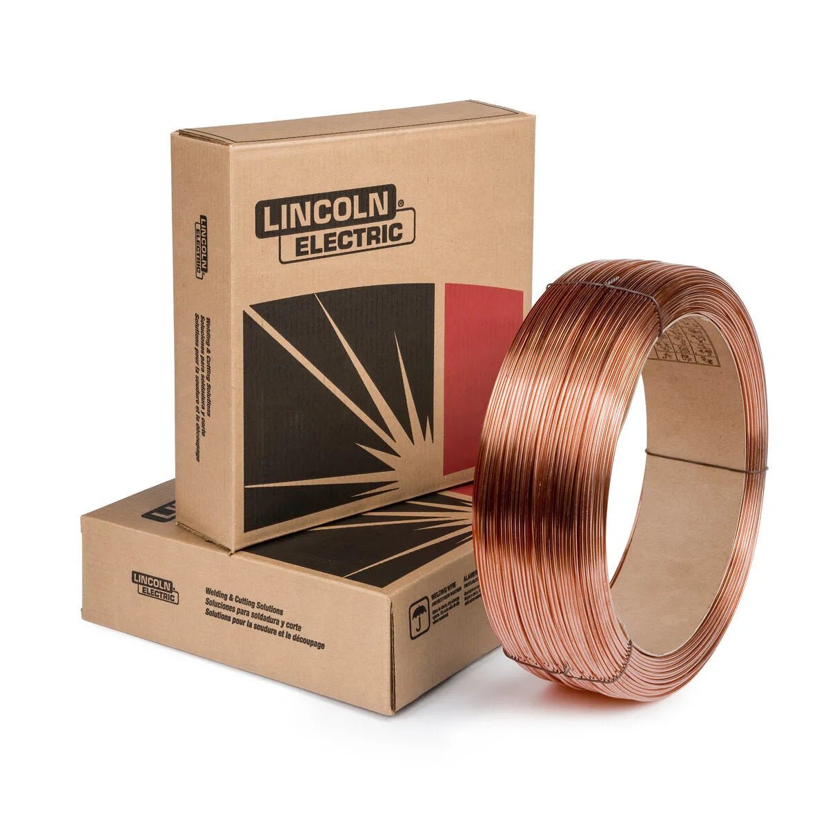 A 60 lb coil of Lincoln ED023166 Lincolnweld LA-85 Submerged Arc SAW Welding Wire (3/32 in) stands upright before two stacked Lincoln Electric boxes with a black and red geometric design, all set against a plain white background.