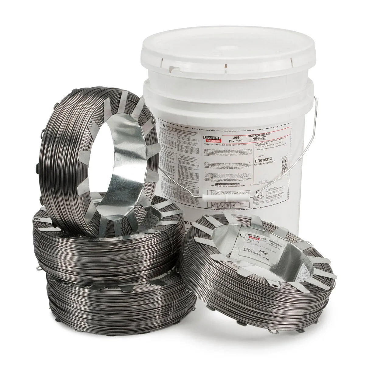 Four coils of Lincoln ED023366 Innershield NR-208-H Flux-Cored Welding Wire, 5/64 in, 14 lb each, are stacked in front of a large white bucket with a handle and multi-language label. Shiny bands secure the neatly wound coils.