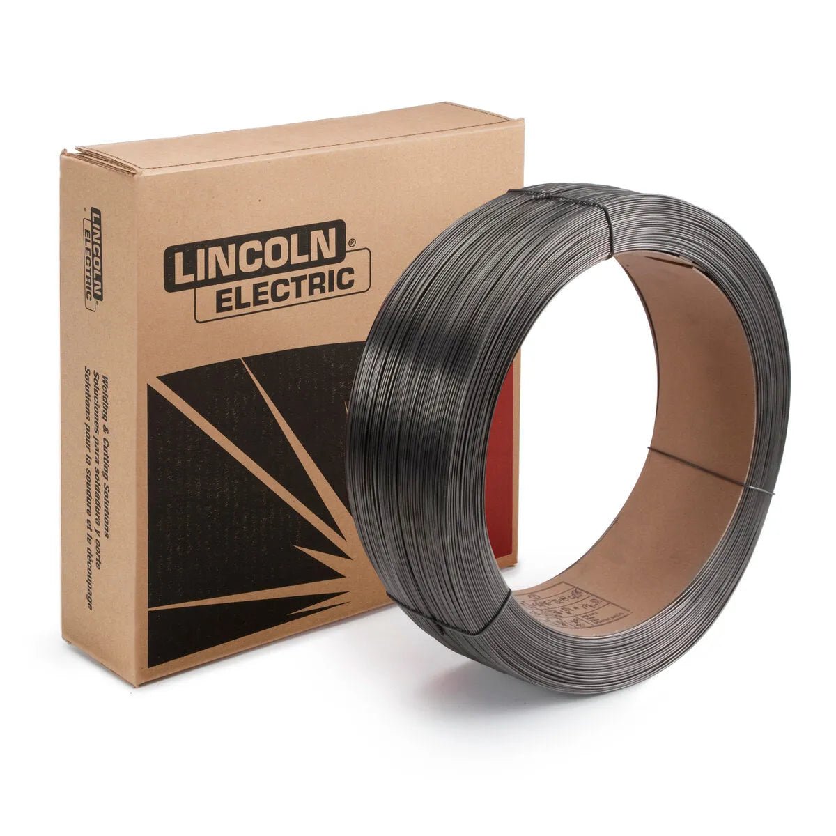 A spool of Lincoln ED026085 Lincore 102HC metal-cored SAW welding wire stands upright beside a brown box labeled LINCOLN ELECTRIC with a bold sunburst design, highlighting the wire’s sturdy, industrial appearance.