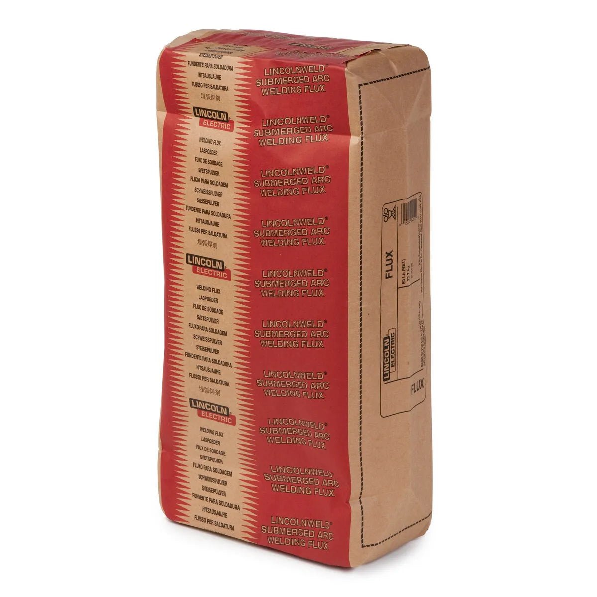 A sealed, upright 50 lb brown paper bag with red sides labeled Lincoln ED027861 Lincolnweld 980 Submerged Arc SAW Flux in yellow text, featuring product and brand details on the printed label.