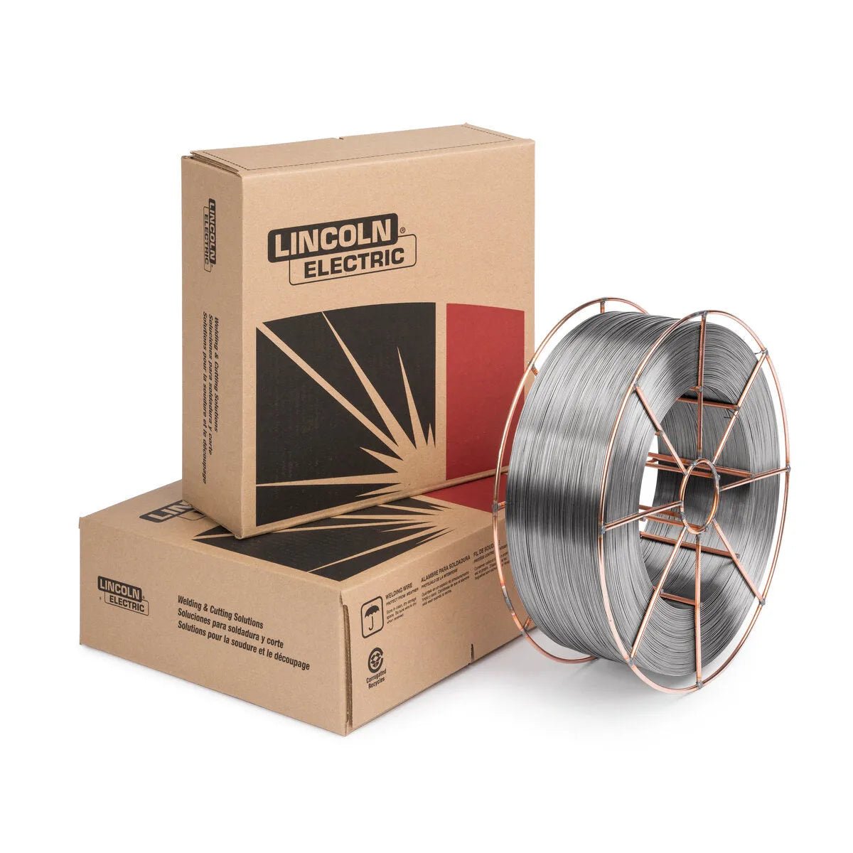 A large spool of Lincoln Outershield 71 Elite Flux-Cored Welding Wire sits in front of two cardboard boxes labeled Lincoln Electric. The metallic wire and brown packaging feature bold black and red graphics.