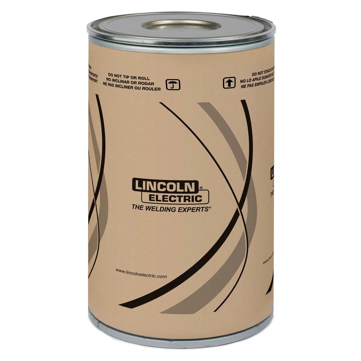A large cylindrical container with a metal lid labeled Lincoln Electric, The Welding Experts, holds Lincore 42-S welding wire for superior metal-to-metal wear resistance. The beige background features curved black and gray lines.