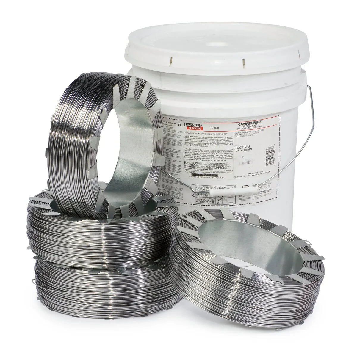 Four coils of Lincoln ED031968 Pipeliner NR-208-XP Flux-Cored Welding Wire, 5/64 in, are stacked before a white plastic bucket with metal handle. Their detailed labels display specs and warnings; suitable for industrial X80 grade pipe use.