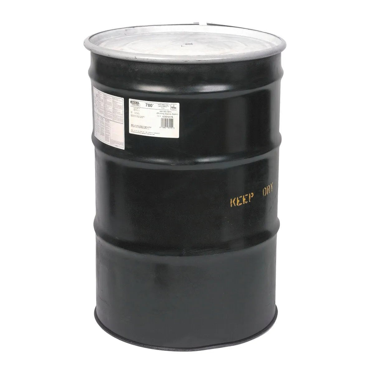 A large black metal 550 lb drum with a silver lid, white label, and bold yellow KEEP OUT marking stores Lincoln ED032007 Lincolnweld 780 Submerged Arc SAW Flux. The drum stands upright on a white background.